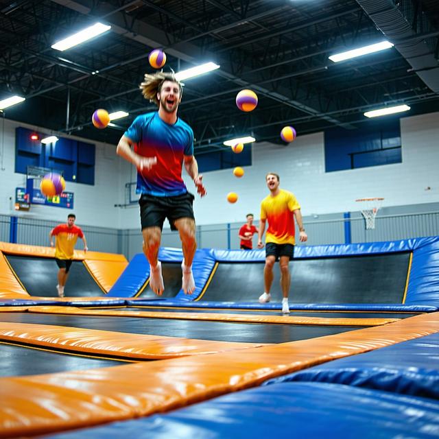 Players mid-game on trampoline dodgeball court