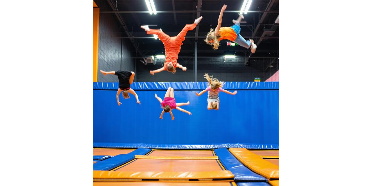 Group of jumpers performing synchronized flips at SkyHigh